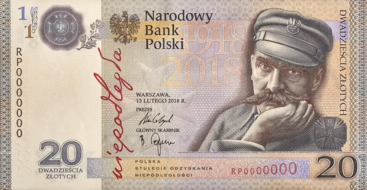 20 zł 100-lecie niepodległości -J. Piłsudski 2018