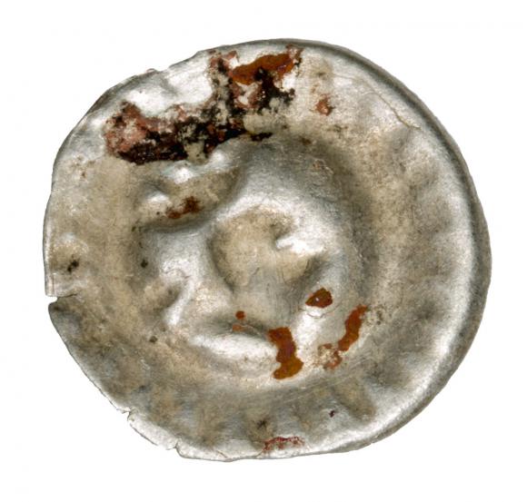 Brakteat hełm z pióropuszem i szarfą z sześcioma zakończeniami Fryderyk II Żelazny Niemcy Brandenburgia Frankfurt