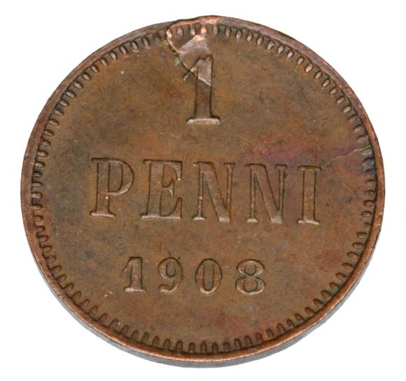 1 penni 1908 Mikołaj II Romanow Finlandia okupacja rosyjska Helsinki