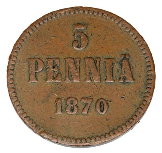 5 pennia 1870 Aleksander II Romanow Finlandia okupacja rosyjska Helsinki