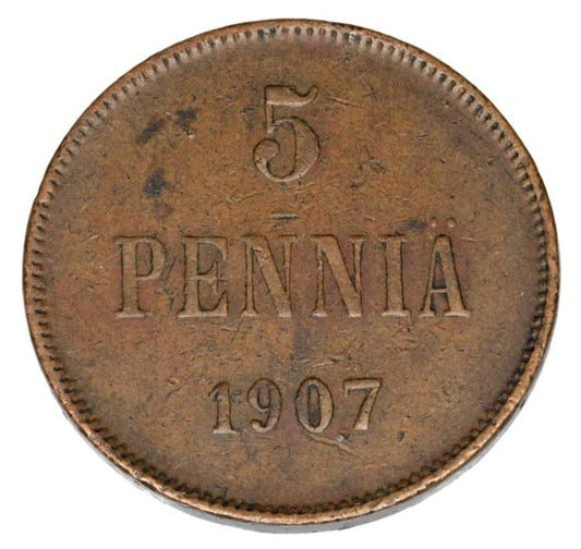 5 pennia 1907 Mikołaj II Romanow Finlandia okupacja rosyjska Helsinki