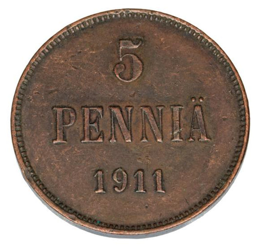5 pennia 1911 Mikołaj II Romanow Finlandia okupacja rosyjska Helsinki