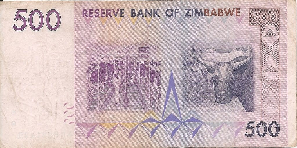 Zimbabwe 500 dolarów Krowy 2007 P-70