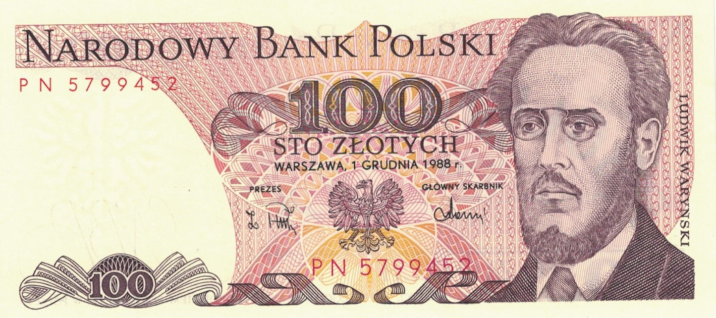 PRL 100 zł Ludwik Waryński 1988 P-143e.2 seria PN