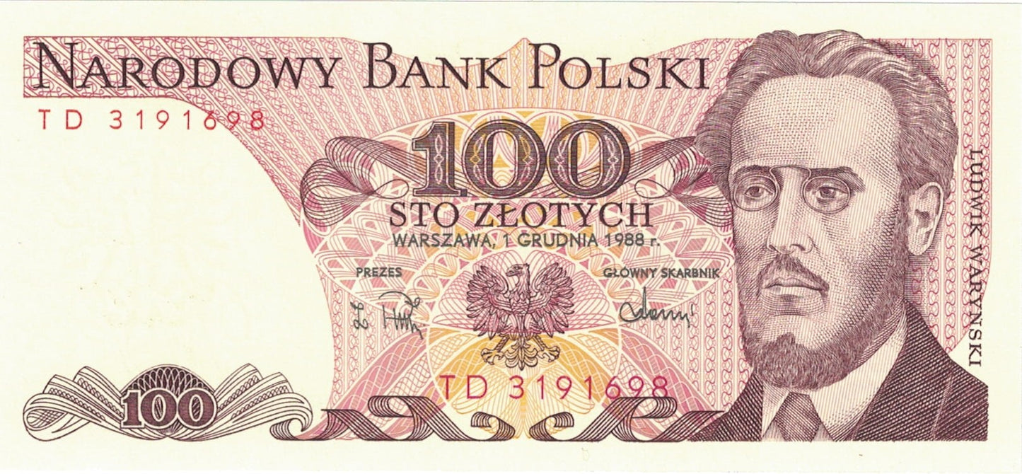 PRL 100 zł Ludwik Waryński 1988 P-143e.2 seria TD