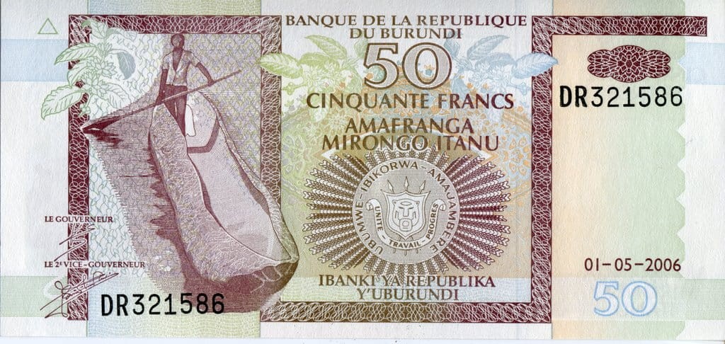 Burundi 50 franków Hipopotam/ Łódka 2006 P-36f
