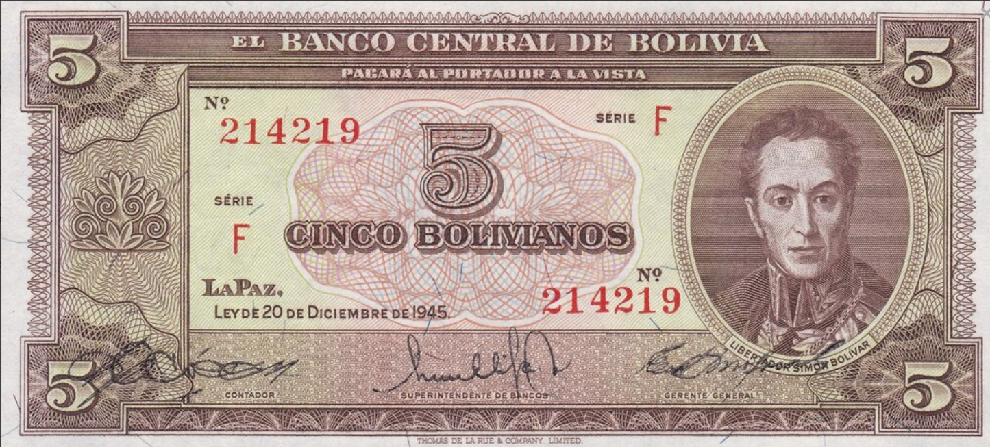 Boliwia 5 bolivanos Tarcza 1945 P-138a.2