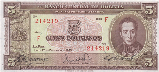 Boliwia 5 bolivanos Tarcza 1945 P-138a.2